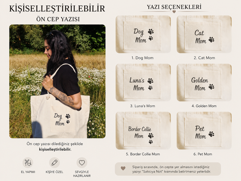 Kişiselleştirilebilir Dog Mom El Yapımı Kanvas Omuz Çantası – Telefon Cepli Büyük Boy